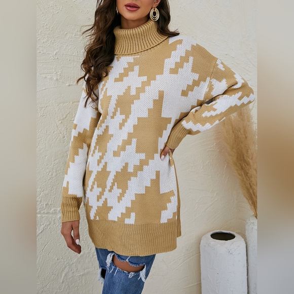 Women's Tan Turtleneck Dropped Shoulder Mini Sweater Dress or Sweater Top  NWT - Picture 3 of 5